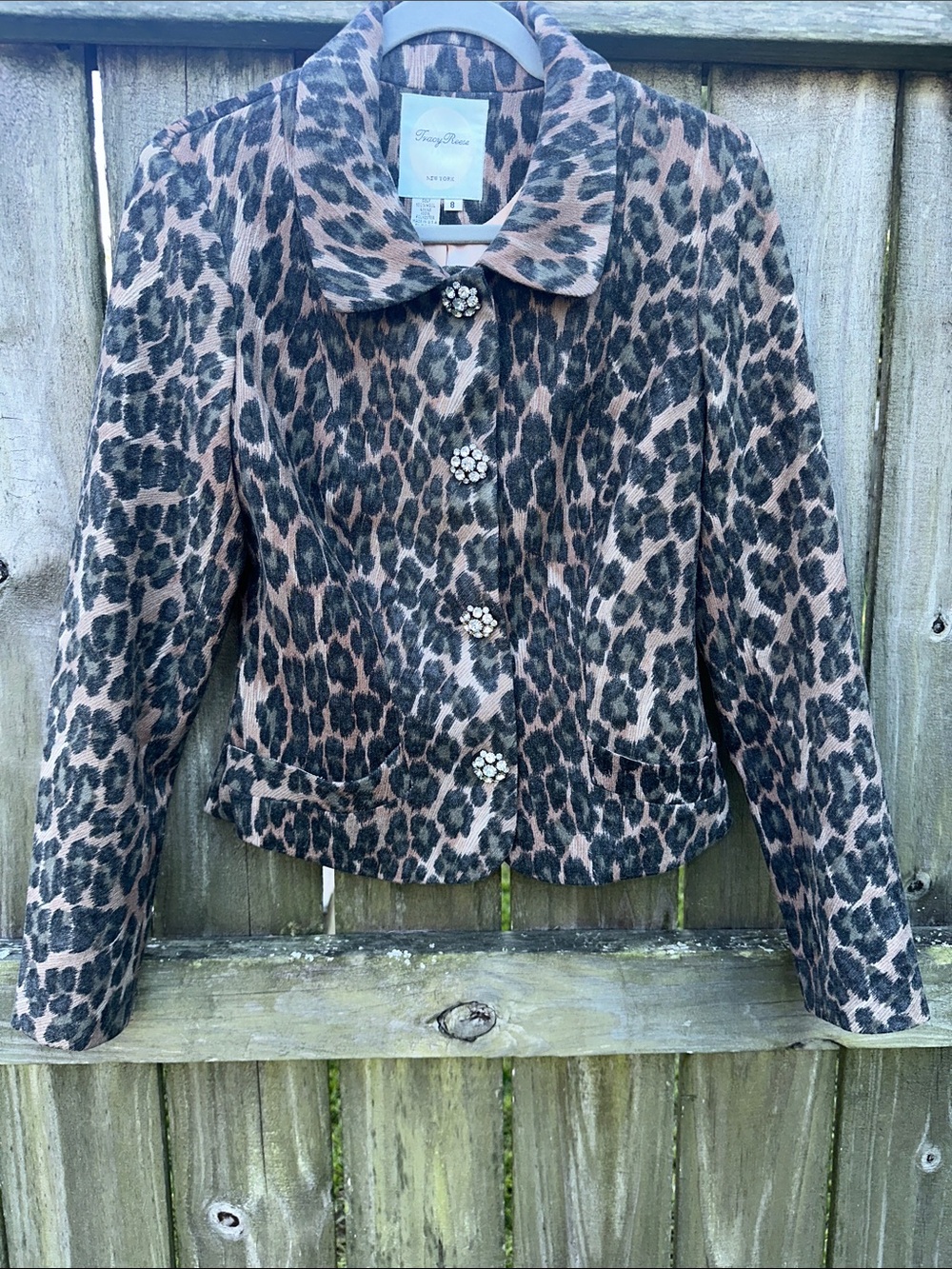 Tracy Reese Leopard  Print Blazing Crop Jacket with Crystal Buttons, Size